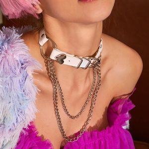 White Leather Silver Chain Choker.